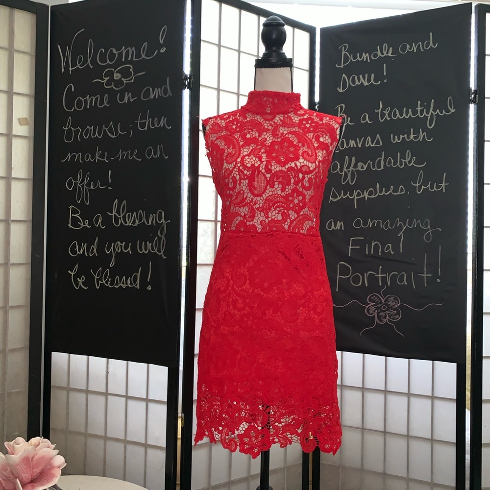JeyKay Red Lace Bodycon Dress - Picture 1 of 7